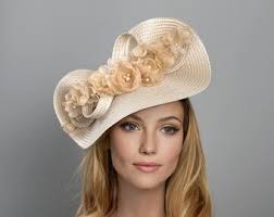 Kentucky Derby Hat, Beige Derby Hat, Floral Champagne Ascot Hat for Woman,  Straw Fascinator, Wedding Hat, Cream Ascot Hat, Mother of Bride