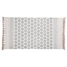 wit katoenen tapijt met franjes en blauw motief 90x150 toulon maisons du monde