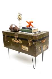 Circa 1880 anglo indian military campaign chest trunk ottoman used coffee table. Vintage Military Steamer Trunk Coffee Table Hairpin Legs Army Green Industrial Chic Record Storage Bench Ottoman By Electricmarigold From Electric Marigold Of Los Angeles Ca Attic
