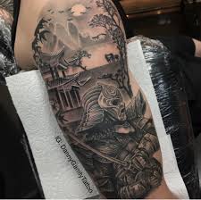Black And Grey Realism Tattoo Design Samurai Warrior Black And Grey Realistic Tattoo It S The Start Of A Japanese Themed Sleeve Samurai Warrior Tattoo Sleeve Designs Sleeve Tattoos