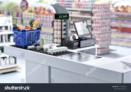 Supermarket Cashier Checkout Work Place With Card Payment Terminal Order Screen Shopping Market Basket With As Market Baskets Budget Planning Market Shopping