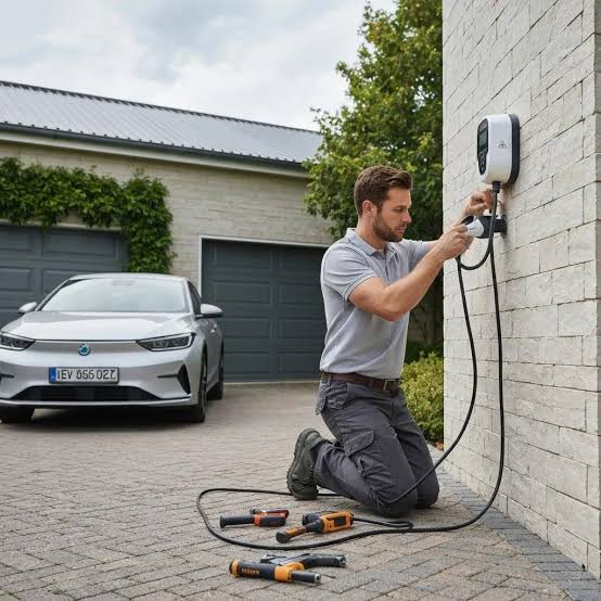 Installer setting up a smart app-controlled EV charger in DA1