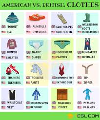 American And British Words For Clothes 15 Differences Illustrated 7 E S L British And American English British And American Words British Vs American