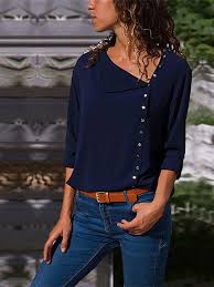 Toutes les mesures doivent être prises directement sur le corps. Chemisier En Mousseline Irreguliere Boutonnage Skew Col Manches Longues Mode Femme Blouse Bleu Marine Chemisiers Hauts