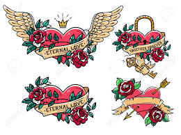 Love heart lock key tattoo. Set Of Heart Tattoos With Roses And Ribbons Old School Tattoo Heart Under Lock And Key Red Heart Entwined In Climbing Rose Tattoo Flying Heart Entwined In Climbing Rose Royalty Free Cliparts