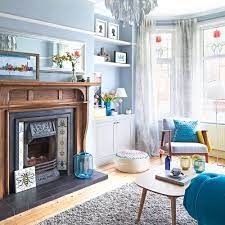 Blue Light Filled Living Room With Centrepiece Fireplace Blue Living Room Color Blue Living Room Color Scheme Living Room Scandinavian
