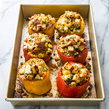Drain the liquid that has collected inside of each pepper back into the filling; Stuffed Peppers With Chickpeas Goat Cheese And Herbs Cook S Country