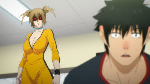 bora ma, mappa (company), the god of high school, screencap, character  request, highres, 1boy, 1girl, 20s, :o, assertive female, black hair,  breasts, brown hair, cleavage, curvy, glowing, glowing eyes, hair bun,  jumpsuit,