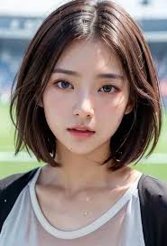 A woman with a black jacket and white shirt standing in front of a baseball  field