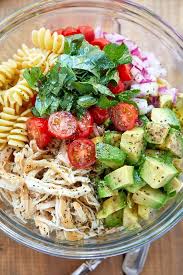 Healthy Chicken Pasta Salad With Avocado Tomato And Basil Recipe In 2020 Good Healthy Recipes Healthy Chicken Pasta Healthy Eating