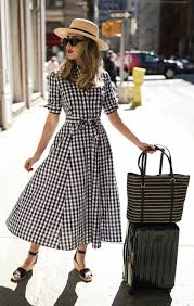 Click For Outfit Details Short Sleeve Black And White Gingham Midi Dress Black Suede Wedge Sandals Wide Brim Tan Bolero Str Fashion Style Fashion Outfits