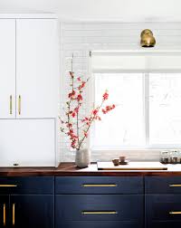 Dark Lower Cabinets Brass Hardware Butcher Block Countertops White One White Tile Home Decor Kitchen Mid Century Modern Kitchen Interior Design Kitchen