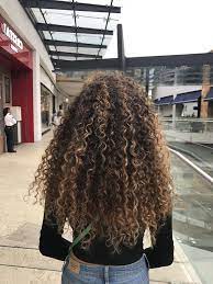 Highlights In Light Blonde On Brunette Hair Long Curly Hairstyles Seen From The Back Girl In Black Highlights Curly Hair Brown Curly Hair Curly Hair Styles