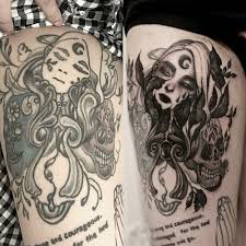 The painting starry night has meant a lot to me in my life, and recently been a reminder of his goodness in… Woman Face Touch Up Tattoo On The Right Thigh