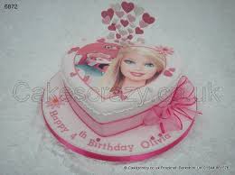 Barbie Image Cake Pink Heart Shaped Barbie Image Birthday Cake Topped With A Girly Wired Topper Containing Hearts And Flowers Finished With A Bright Pi Stampe