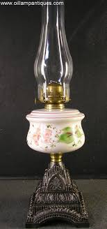 English Table Lamp With Cast Iron Base And Hand Painted Opaque Glass Font Circa 1905 Oil Lamps Antique Oil Lamps Lamp