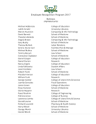Employee Recognition Program 2017 Retirees Michael Addonizio College of  Education Judith Arnold University Libraries Marvin Asun