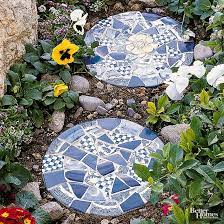 With this method you can either adhere the tiles with a cement based adhesive, let dry and grout or lay a base of cement on the top and press your tiles into the cement. Tile Topped Stepping Stones Better Homes Gardens