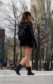Jeny Smith, model, brunette, ass, women, walking, ponytail, public, jacket,  backpacks, black jackets, leather jacket, black boots, black gloves,  gloves, park 