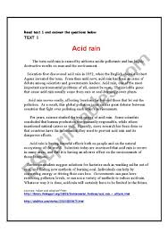 Environmental Problems Acid Rain Reading Comprehension Theme The World Around Us Esl Worksheet By Shmiskeen