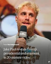 YouTuber-turned-professional boxer Jake Paul endorsed Donald Trump for the  2024 election, citing "peace in the world" during Trump's prior term and  criticizing current administration policies. Though he can't vote due to  living