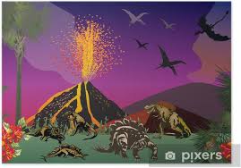 Set of modern vector plain line design icons and pictogram of dinosaurs species, prehistoric age life. Poster Dinosaurussen In Het Bos In De Buurt Van De Vulkaan Pixers We Leven Om Te Veranderen