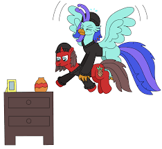 3141813 - safe, artist:supahdonarudo, oc, oc only, oc:ironyoshi, oc:sea  lilly, classical hippogriff, hippogriff, pony, unicorn, atg 2023, beanie,  clothes, drawer, flying, hat, holding, holding a pony, newbie artist  training grounds, picture frame,