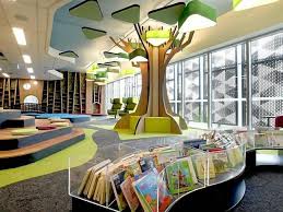 Unusual Shelving Along Wall Tree Centrepiece Public Library Design Daycare Design School Library Design
