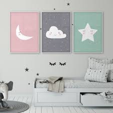 Star Cloud Moon Nursery Decor Nursery Art Set Of 3 Poster Baby Room Children S Room Wall Art Kids Room Canvas Art Mint Gray Pink Painting Calligraphy Aliexpress