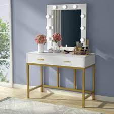 Add to favorites silver large frameless mirror w/ 11 lights 30x24'' lamirrors 5 out of 5 stars (127. Vanity Table With Lighted Mirror Makeup Vanity Dressing Table With 9 Lights And 2 Drawers For Women Dresser Desk Vanity Set For Bedroom Gold And White Walmart Com Walmart Com