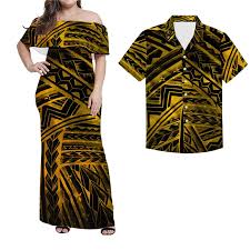 Samoa Thiết Kế Bộ Lạc In Quần Áo Cặp Đôi Cộng Với Kích Thước 7XL Phụ Nữ  Ruffle Tắt Vai Dress Match Men Áo Sơ Mi