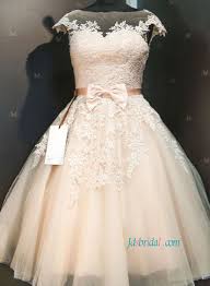 H1121 Champagne Colored Lace Tea Length Vintage Wedding Dress Short Wedding Dress Wedding Dresses Wedding Dresses 50s