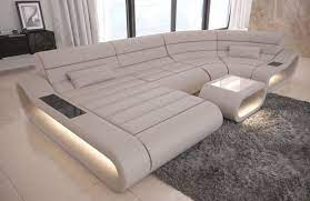 Luxury Sectional Sofa Concept U Shape Design Couch Big Led Lights Ottoman White Sofa Idea Leather Corner Sofa Living Room Sofa Set Leather Sofa Living Room