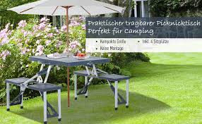 Ein campingtisch hat die perfekte ablagefläche und gibt es mit eckigen oder runden tischplatten. Outsunny Alu Campingtisch Picknick Bank Sitzgruppe Gartentisch Mit 4 Sitzen Klappbar Dunkelgrau Amazon De Garten