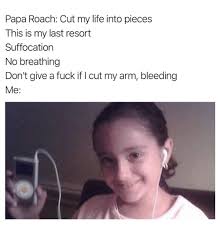 Papa Roach Cut My Life Into Pieces This Is My Last Resort Suffocation No Breathing Don T Give A Fuck If I Cut My Arm Bleeding Me Life Meme On Me Me