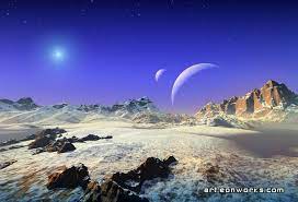 Snowy Vista Space Landscape Image Planets Blue Sky With Stars Fantasy Landscape Space Art Alien Worlds