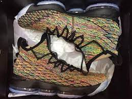 This lebron 15 is very similar to it's white based counterpart as they rock a black and multicolor color scheme and they feature a black flyknit upper weaved with multiple colors like green, red, blue, etc. Fruity Pebbles Nike Lebron Lebron James Shoes