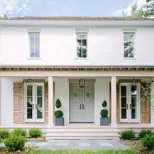 The red grandis, mahogany or cedar shutters should each measure half of the window width if they will flank the area on either side. White Brick Home With Gray Shutters Design Ideas