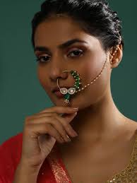 Buy Gold Plated White Green Kundan Studded Beaded Chain Nose Pin