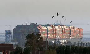 Stranded container ship ever given, one of the world's largest container ships, is seen after it at the time of the incident, ever given was transiting northbound through the canal en route to rotterdam. Yfgeaibiytisym