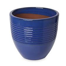 Barnacle vase planter, dark neutral. Tiwlip Blue Ceramic Ribbed Round Plant Pot Dia 33cm Diy At B Q