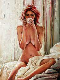 BUT FIRST COFFEE - Elegant Seduction: Original Oil Painting of Beautiful  Blonde Girl in Boudoir with a cup of Coffee by Yaroslav Sobol (2020) :  Painting Oil on Canvas - SINGULART