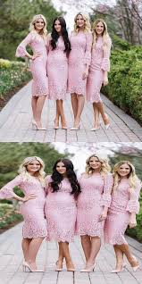 Pink Lace Mermaid Cheap Short Bridesmaid Dresses With Long Sleeves Affordable Fitted Bridesmaid Dresses Knee Length Bridesmaid Dresses Short Bridesmaid Dresses