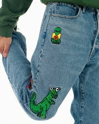 Off Planet Work Wear Embroidered Straight Leg Denim Light Indigo Brain Dead