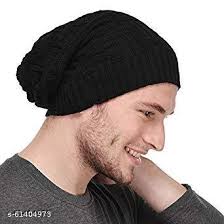 Winter Warm Slouchy Woolen Long Beanie Cap for Men & Women (Black)