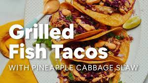 Place fish fillets on aluminum foil and season with salt. Grilled Fish Tacos With Pineapple Cabbage Slaw 30 Minutes Minimalist Baker Recipes Youtube