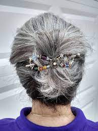 Flexi Hair Clip In A Gray Hair Messy Bun Bun Hairstyles Long Silver Hair Grey Curly Hair