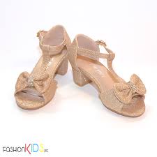 Детски официални обувки- сандали за момиче в златисто на ток с ефектна  панделка | Fashionkids.bg