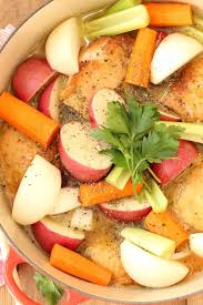 4 chicken leg quarters, separated, 1 large yellow onion, diced, 2 large russet potatoes, cubed, 1 can carrots, drained, 1 sick of margarine or butter, 4 cloves chopped garlic, to taste garlic powder, to taste garlic salt, 2 tbsp cajun seasoning or season salt. French Chicken Stew