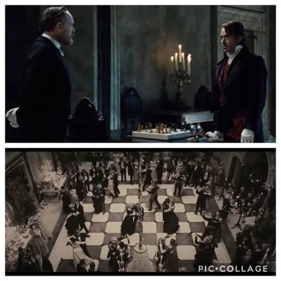 In Sherlock Holmes: Game of Shadows, while Sherlock and Moriarti are  explaining their final moves as if it was a game of chess with their  friends being the pieces, the ball room